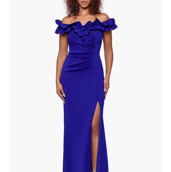 Xscape Royal blue dress Stretch Ruffle Off-the-Shoulder Ruched Back Gown - Picture 1 of 4